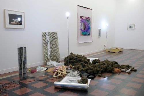    Peggy Franck, Karmic Affinities, 2024, diverse materials, dimensions variable (Contribution Alessandra Spranzi: lithography). Installation view, Conceptual Fine Arts, Milano