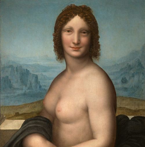 Gioconda nuda Bottega di Leonardo (attribuito a Gian Giacomo Caprotti, detto Salai, o a Francesco Melzi, su ideazione di Leonardo), Gioconda nuda, circa 1513-1517 (?), olio su tela (con fori di riporto) applicata in antico su tavola