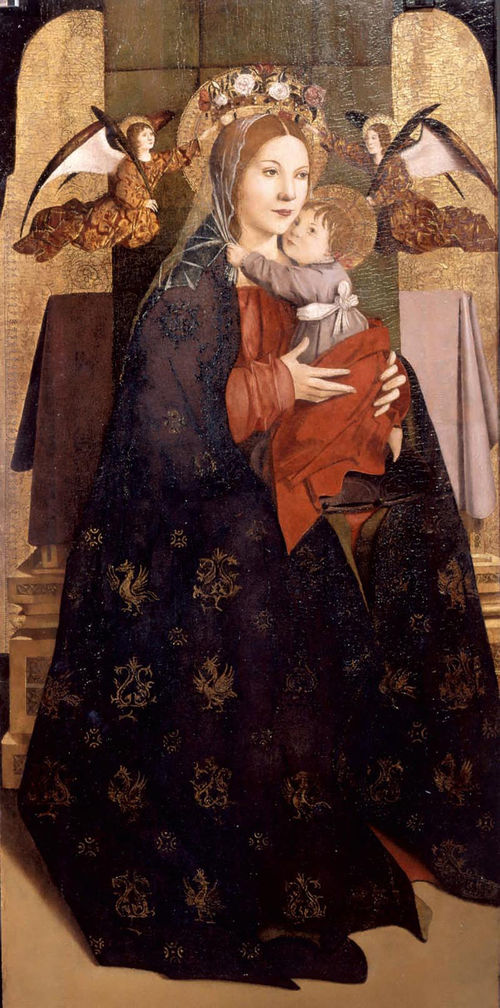 Antonello da Messina, Polittico di Firenze/Milano, 1471-1472, <em>Madonna con il Bambino e due angeli reggicorona</em>, Olio su tavola di pioppo, 54.7 x 114,5 cm Galleria degli Uffizi, Firenze | Foto: Su concessione del Ministero per i Beni e le Attivit&agrave; Culturali - Gallerie degli Uffizi Foto Giulio Archin&agrave;