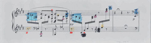 Giuseppe Chiari, Partitura musicale con colore, 1986, tempera e serigrafia su cartoncino, cm 40x100 