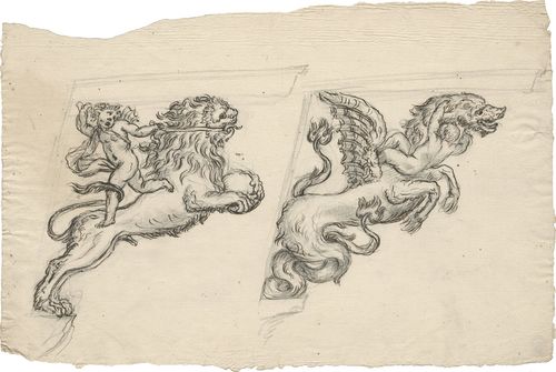 Massimiliano Soldati Benzi, Studi per mensole raffiguranti un putto che trattiene un leone e un putto in lotta con un drago, matita nera, penna e inchiostro bruno. Gabinetto dei Disegni e delle Stampe, Gallerie degli Uffizi, Firenze