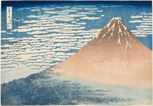 Katsushika Hokusai, <em>Giornata limpida col vento del sud (o Fuji Rosso)</em>, Dalla serie <em>Trentasei vedute del monte Fuji</em>, 1830-1832 circa, Silografia policroma | Courtesy of Kawasaki Isago no Sato Museum