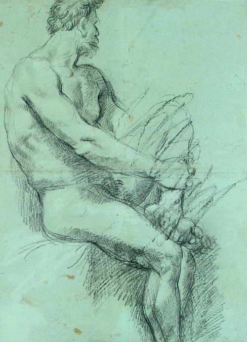 Annibale Carracci, Nudo maschile seduto. Matita nera e biacca su carta cerula, mm. 56 9x 419. Nel verso, studi di panneggio, mano e piede di epoca posteriore a matita rossa. Tiziana Sassoli, Bologna