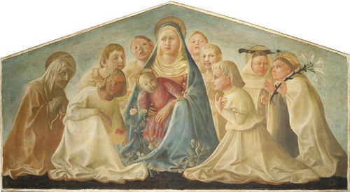 Filippo Lippi, Madonna con Bambino, Santi e giovani Carmelitani (Madonna Trivulzio o Madonna dell’Umiltà), c. fine 1420, tempera su tavola trasportata su tela, tavola a spioventi, cm. 62x167,5. Comune di Milano, Pinacoteca del Castello Sforzesco