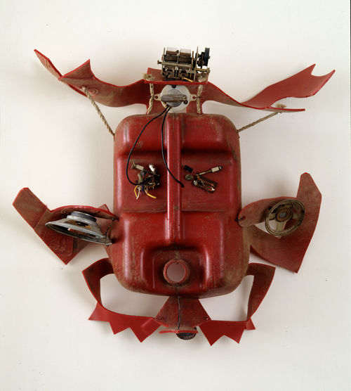 Romuald Hazoum&eacute; (Benin 1962), <em>Bagdad City</em>, 1992, Plastic can, loud speakers and various electronical elements, 50 x 51 x 21 cm | Courtesy of CAAC- The Pigozzi Collection, Ginevra