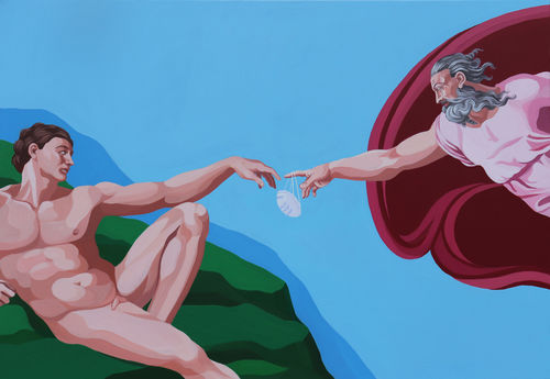 Giuseppe Veneziano, La creazione della mascherina, 2020, acrilico su tela