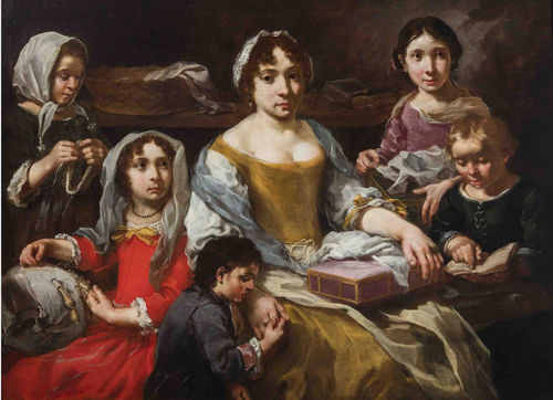 Eberhard Keilhau, detto Monsu' Bernardo, Scuola di ricamo con bambino e giovinetta che legge o scena domestica, 1660-1670 circa. Collezione Gastaldi Rotelli