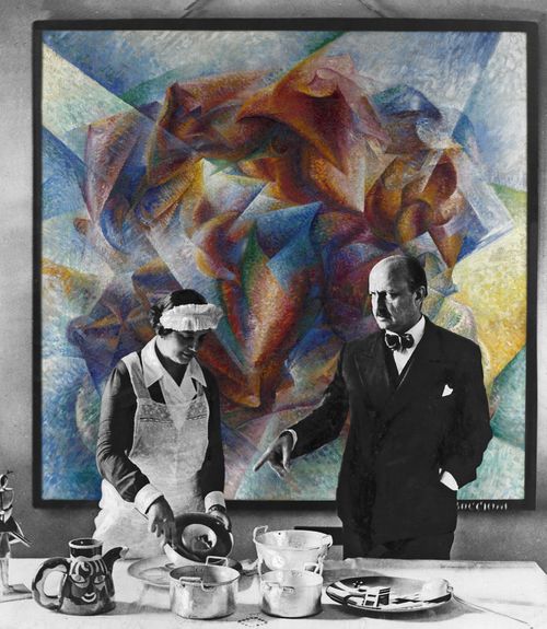 Rendering fotografico per &ldquo;Post Zang Tumb Tuuum&rdquo; (Fondazione Prada, Milano, 2018) Filippo Tommaso Marinetti nella sua casa con sullo sfondo "Dinamismo diun footballer" di Umberto Boccioni, 1913