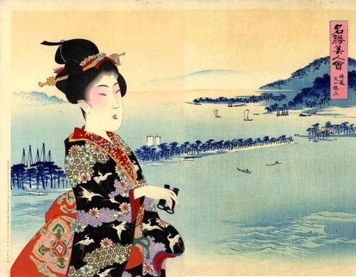 ōshū Chikanobu (1838-1912) Tango Ama no Hashidate, Ama no Hashidate nella provincia di Tango serie Meisho bijin awase, Raffronto di belle donne e luoghi famosi