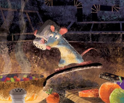 <span>Harley Jessup, layout di Enrico Casarosa, Studio di colorscript: R&eacute;my fa la ratatouille</span><span>&nbsp;| Ratatouille, 2007. Dipinto digitale</span>