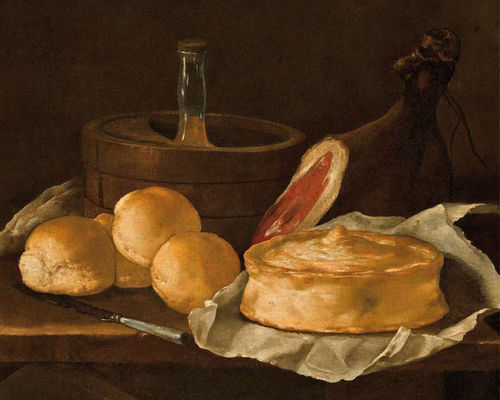 Giuseppe Recco, Natura morta con pani, pasticcio e ghiacciaia, olio su tela. Collezione Molinari Pradelli