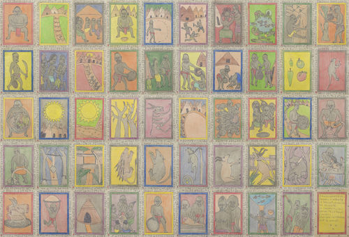 Frédéric Bruly Bouabré, Mitologie Bété. La légende de dedjaneugnon le Paresseux, 1997, 17x13 cm. ciascuno, 50 elementi, pastelli colorati e biro su cartoncino I Ph. Iole Carollo