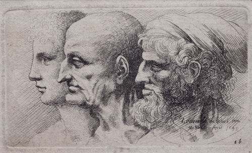 Wenceslao Hollar, <em>Tre profili virili di varie et&agrave;</em>, 1645, Lamporecchio, Fondazione Rossana &amp; Carlo Pedretti, Acquaforte, 92 x 52 mm (incisione), 94 x 53 mm (impronta), 98 x 60 mm (misure della finestra di montaggio)