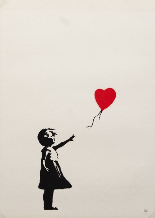 Banksy, <em>Girl With Balloon</em>, 2002, Stencil, Acrilico su carta | Courtesy of Teatro Arcimboldi Arte