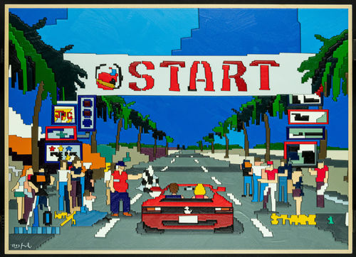 Ugo Nespolo, Outrun, 2022. Acrilici su HDF, 50x70 cm. Collezione privata