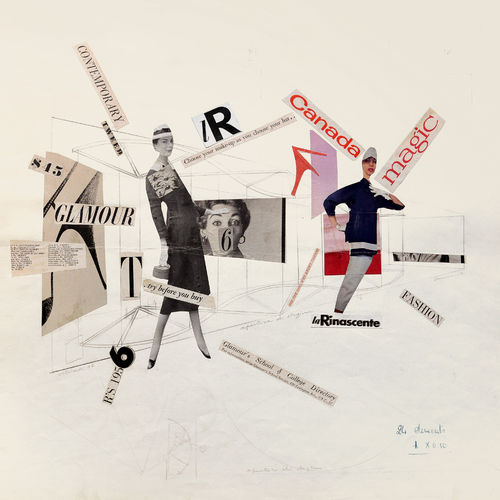 Roberto Sambonet, <em>Bozzetto per l&rsquo;allestimento della vetrina "Glamour. Apertura di stagione&rdquo; de La Rinascente</em>, 1956 circa, Collage e matita su cartoncino, Milano, Archivio Pittorico Roberto Sambonet
