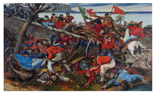 Renato Guttuso, <em>La battaglia di Ponte dell&rsquo;Ammiraglio</em>, 1955, olio su tela, 500 x 300 cm, Roma, Galleria Nazionale d&rsquo;Arte Moderna e Contemporanea. Su concessione del Ministero dei Beni e le Attivit&agrave; Culturali e Ambientali e del Turismo. Renato Guttuso by SIAE 2018