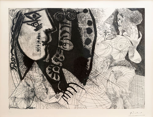 Pablo Picasso, Couple, femme et homme-chien avec femme à la fleur, 1972. Original aquatint drypoint etching, limited edition, cm. 36,6x49,2