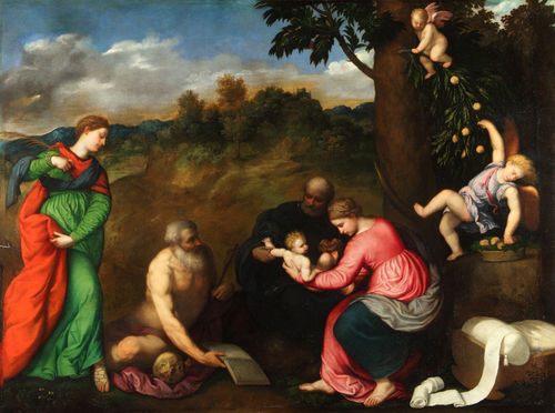 Paris Bordon, <em>Sacra famiglia con i Santi Gerolamo, Caterina d&rsquo; Alessandria e angeli</em>, 1535, olio su tela, 275 x 193 cm, Genova, Musei di Strada Nuova, Palazzo Rosso