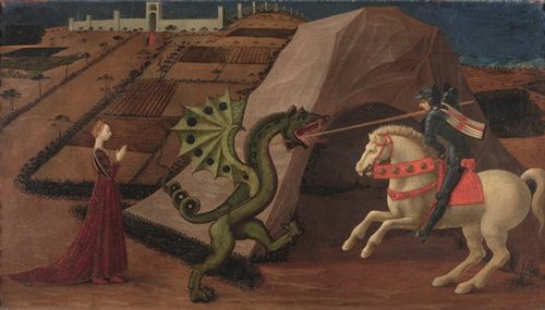Paolo Uccello, San Giorgio e il drago, 1440-50 ca., tempera su pannello di legno, cm 62x102,&nbsp;<span>Paris, Mus&egrave;e Jacquemart-Andr&egrave;, Institut de France</span>