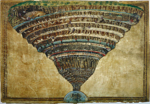 Sandro Botticelli, La Divina Commedia: la voragine infernale, 1481-1488. Punta d'argento e inchiostro su pergamena. Città del Vaticano, Biblioteca Apostolica Vaticana, inv. Reginense Lat. 1896, pt. A, f. 101r 