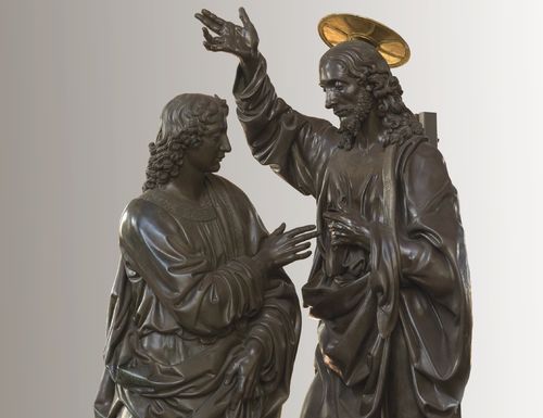 Andrea del Verrocchio, Incredulit&agrave; di san Tommaso, 1467-1483, bronzo con dorature. Gruppo: cm. 241x140x105; Cristo: cm. 241x94x60, San Tommaso: cm. 203x90x90. Firenze, Chiesa e Museo di Orsanmichele, Musei del Bargello, Firenze (part.)