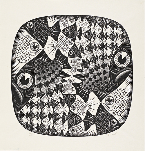 M.C. Escher, Pesci e squame, 1959, xilografia, cm. 47,8x45,2. L'Aja, Kunstmuseum Den Haag 