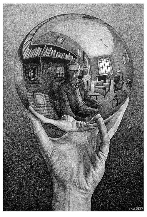 Maurits Cornelis Escher, <em>Mano con sfera riflettente</em>, 1935, Litografia, 21.3 &times; 31.1 cm, Collezione Maurits, Bolzano | All M.C. Escher works &copy; 2022 The M.C. Escher Company | All rights reserved