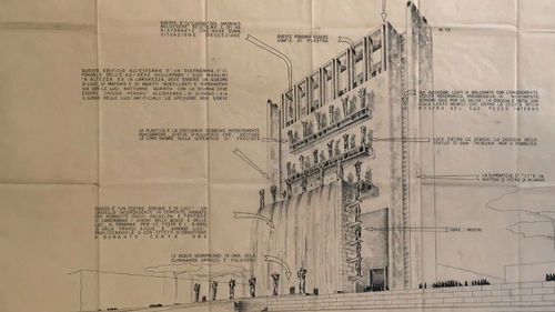 Progetto per il Concorso del Palazzo dell'Acqua e della Luce all'E42, Roma 1939. Veduta prospettica, china su lucido con indicazioni a china, mm. 855x1045