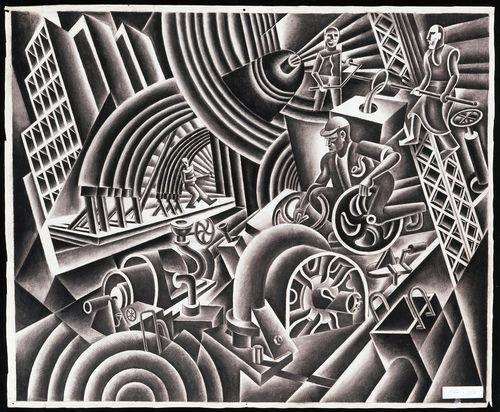 Fortunato Depero, Cantiere sonoro (dinamismo sotterraneo metropolitano), 1950, carboncino e china su carta. Mart - Museo di arte moderna e contemporanea di Trento e Rovereto