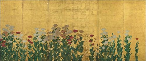 Kano Shigenobu, Spighe di grano e papaveri, prima metà del XVII secolo. Paravento sinistro
