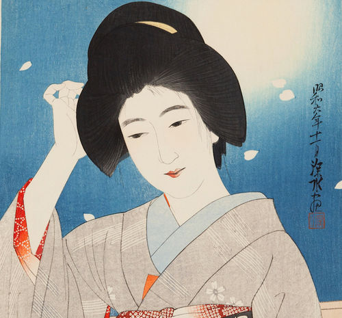 Ito Shinsui, Hazy Moon on a Spring Night, 1931 [sigillo tokubetsusen]. Editore Watanabe Shozaburo, 27,7x43,5 cm.