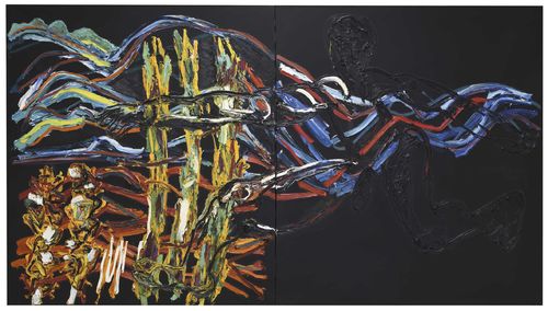 Karel Appel Running, Through a Landscape - Tuscan Series, 1990. Olio e acrilico su tela, cm. 180x320. Courtesy Karel Appel Foundation. Galleria Poggiali I Ph. Michele Alberto Sereni