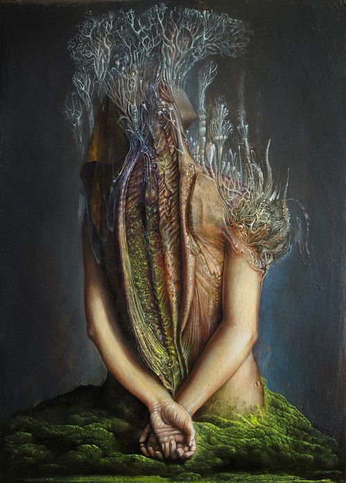 Agostino Arrivabene, Prefica mutante II°, 2014, olio su legno, cm 50x35