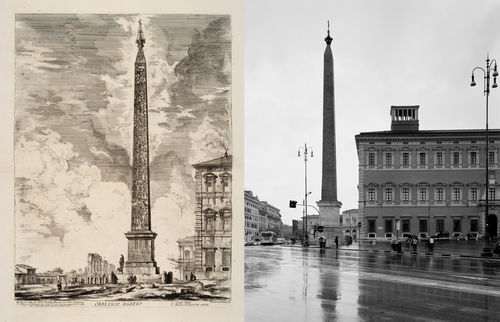 Giambattista Piranesi, <em>Obelisco Egizio</em>, Incisione all&rsquo;acquaforte, Venezia, Fondazione Giorgio Cini / Gabriele Basilico, <em>Obelisco Egizio Lateranense e Palazzo del Laterano</em>, Stampa ai sali d&rsquo;argento con trattamento al selenio, 2010 | Courtesy Fondazione Giorgio Cini e Archivio Gabriele Basilico<br />