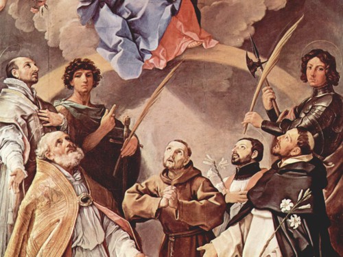 Pala della peste - Madonna col Bambino in gloria e i Santi Protettori di Bologna Petronio, Francesco, Ignazio, Francesco Saverio, Procolo e Floriano di Guido Reni