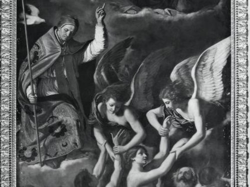 San Gregorio intercede presso la Madonna, Cristo e Dio Padre per le anime del Purgatorio
