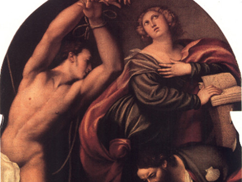Pordenone, <em>I SS. Caterina</em>, <em>Sebastiano e Rocco cui un angelo mostra il cammino</em>, 1531, olio su tela, Venezia, Chiesa di San Giovanni Elemosinario<em>. </em>Courtesy of © chorus - associazione per le chiese del Patriarcato di Venezia.<br />