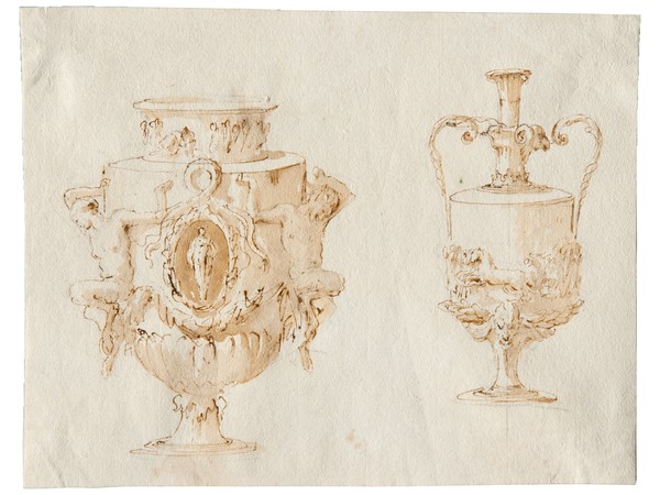 Giambattista Tiepolo, Vasi, penna e inchiostro bruno, inchiostro diluito bruno, su traccia di grafite, mm 189x240. Trieste, Civico Museo Sartorio