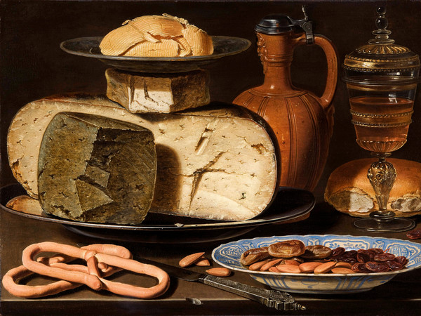 Clara Peeters (Anversa, 1594 - ...), Natura morta con formaggi, mandorle e pretzel, 1615, Olio su pannello, 49.5 x 34.5 cm, Museo del Prado, Madrid