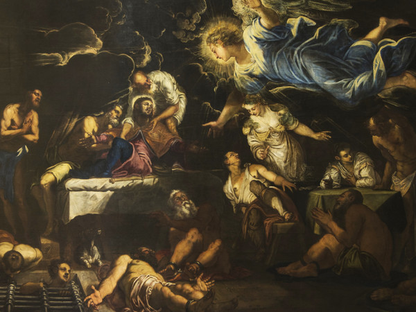 Tintoretto, San Rocco in carcere confortato da un angelo, 1567, Presbiterio Chiesa di San Rocco, Venezia, Olio su tela, 670 x 300 cm | © Scuola Grande di San Rocco e Chiesa di San Rocco | Courtesy of Sky Italia s.r.l. Tintoretto – Un Ribelle a Venezia e Sky Arts Production Hub 2019