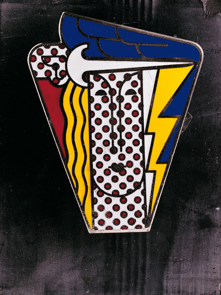 R. Lichtenstein, Modern Head, 1968; gioiello in metalli colorati e smaltati, h. cm 7 