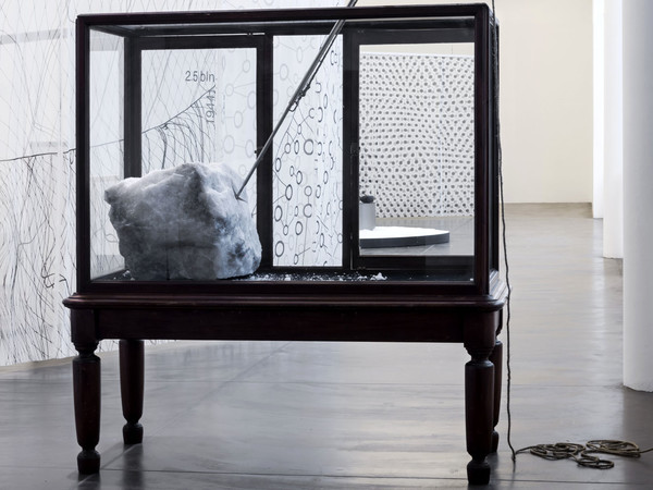 Marzia Migliora, Prey, 2020, Blocco di salgemma, arpione, corda, teca vittoriana, 290 x 193 x 84 cm | Foto: Renato Ghiazza | Courtesy of Marzia Migliora e Galleria Lia Rumma Milano / Napoli