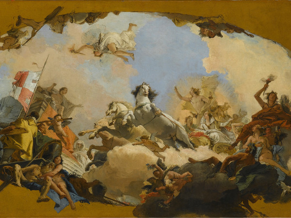 Giovanni Battista Tiepolo, Apollo conduce al genio della Nazione germanica Beatrice di Burgundia, Schizzo a olio per l'affresco del soffitto nella sala imperiale della residenza di Würzburg, 1751, Olio su tela, 106.5 x 65.3 cm</