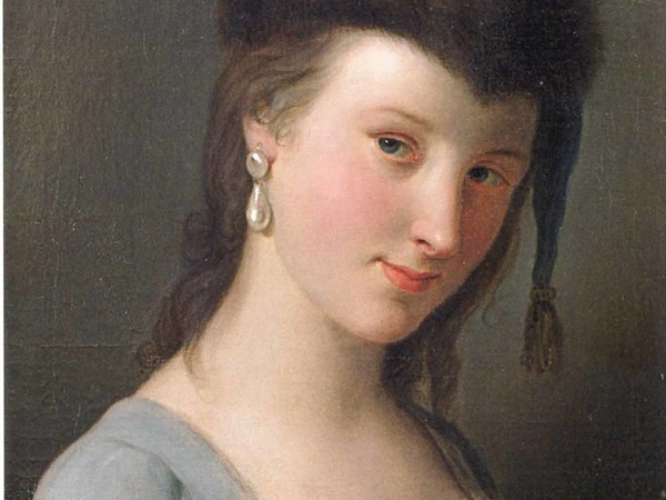 Pietro Antonio Rotari, Giovane donna in abito grigio-azzurro con orecchino di perlaa pendente e cappello nero, 1756-1762 circa, Olio su tela, 34.9 x 44.7 cm