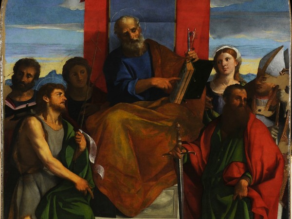 Palma il Vecchio, San Pietro in cattedra e i santi Giovanni Battista, Marco, Augusta, Paolo, Tiziano e Giustina, olio su tavola trasferito su tela, Oderzo, Chiesa di Fontanelle, Venezia, Gallerie dell’Accademia