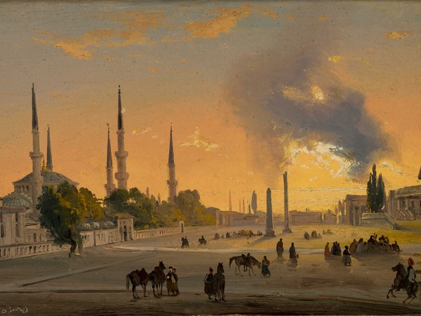 Ippolito Caffi, Costantinopoli: l’ippodromo, Olio su cartoncino intelato, 29 x 17 cm, Firmato: Caffi. L’ippodromo