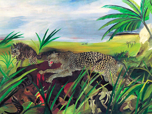Antonio Ligabue, Leopardo con bufalo e iena, 1928, Olio su tela, 83 x 126 cm | Courtesy of Fondazione Archivio Antonio Ligabue di Parma