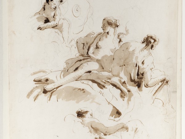 Giambattista Tiepolo, Figure femminili e piccolo zefiro sulle nubi (per il soffitto del salone da ballo di palazzo Clerici a Milano), penna e inchiostro bruno, inchiostro diluito bruno, su traccia di grafite, mm 380x298. Firenze, Museo Horne