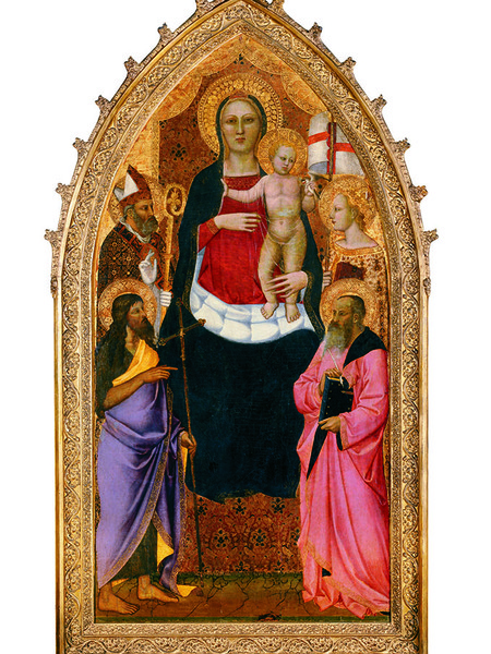 Nardo di Cione (Firenze, doc. 1343-1365), Madonna in trono col Bambino e i santi Zanobi, Giovanni Battista, Reparata e Giovanni Evangelista, 1356, Tempera su tavola